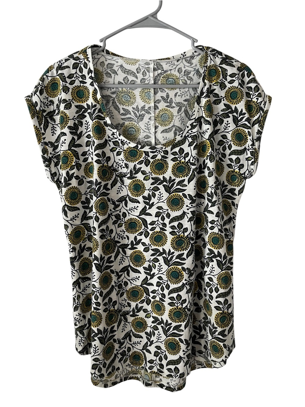 Loft SzL Linen Blend Teal, Mustard Floral Print Scoop Neck Women’s Top